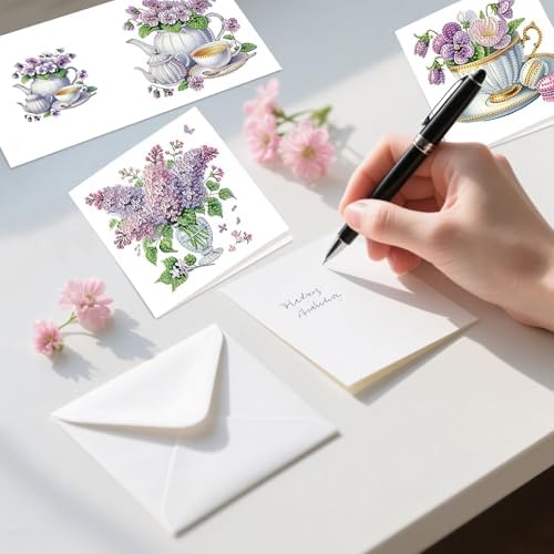 6pcs Diamond Painting Greeting Card with envelopes, DIY Afternoon Tea with Lavender Diamond Art Greeting Card for Blessing and Wish Special Shaped Arts Crafts for Christmas Birthday Thanksgiving Day - Image 4
