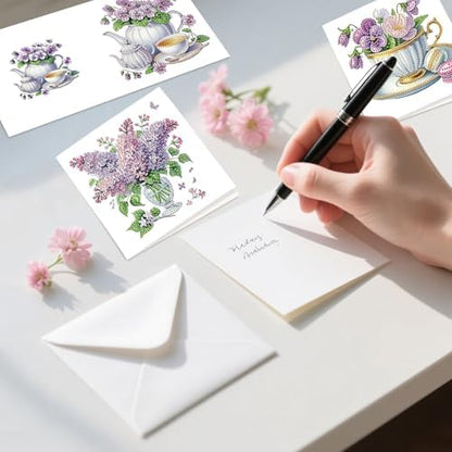 6pcs Diamond Painting Greeting Card with envelopes, DIY Afternoon Tea with Lavender Diamond Art Greeting Card for Blessing and Wish Special Shaped Arts Crafts for Christmas Birthday Thanksgiving Day - Image 4