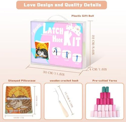 Miaceito Cat Latch Hook Kit for Beginners, DIY Pre-Printed Latch Hook Pillow Kit with Wooden Hook, 17x17 Inch Latch Hook Rug Kit Home Decor Sofa Cushion - Image 3