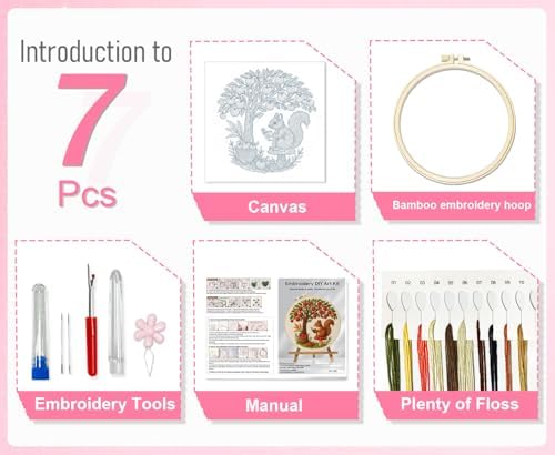Huacan Beginner Embroidery Kit for Adults, Easy to Learn Squirrel Embroidery Patterns Instruction, Needlepoint Kits for Adults Include Embroidery Hoop, Colorful Threads, Tools - Image 3