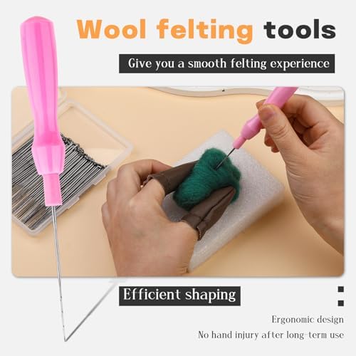 QMNNMA Needle Felting Needles, 100Pcs Wool Felting Needles, Needle Felting Tools Set with 2 Single Wooden Handle Storage Box Fingercots for Wool Projects(M) - Image 3