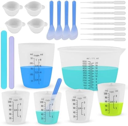 Silicone Resin Mixing Measuring Cups for Resin Supplies, Easy-to-Read Marks, 600ml/20oz Bowl, 250&100ml Thickened Reusable Silicone Cups for Epoxy Mixing, with Stir Sticks, Jewelry Making by SwigranceQualityCreativity