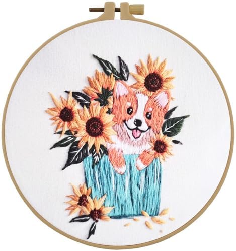 Esffaci Embroidery Starter Kit for Adult Beginner with Dog Sunflower Pattern Hand Embroidery Set with Embroidery Cloth Hoop Needle Threader Embroidery Floss and Instruction by Esffaci