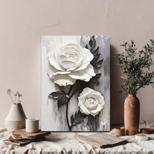 GEMOUJ 3 Packs Flower Paint by Numbers Kit for Adults - White Rose Adult Paint by Number Kits on Canvas for Beginner, DIY Painting by Numbers Kit,for Home Wall Decor 12 x 16 Inch - Image 2