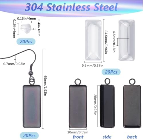 1 Box 60Pcs 20 Sets Black Bezel Earring Blanks 10x25mm Earring Bezel Trays Rectangle Pendant Bezel Blanks with Glass Cabochons Settings Stainless Steel Hooks Accessories for Jewelry Making - Image 2