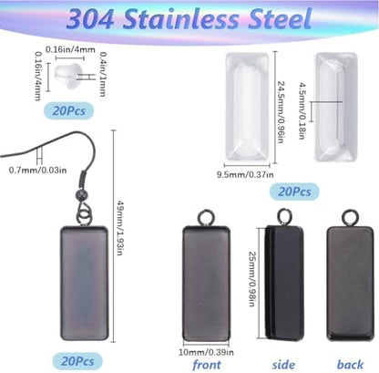 1 Box 60Pcs 20 Sets Black Bezel Earring Blanks 10x25mm Earring Bezel Trays Rectangle Pendant Bezel Blanks with Glass Cabochons Settings Stainless Steel Hooks Accessories for Jewelry Making - Image 2