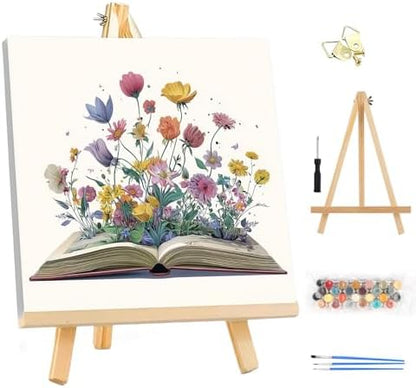 EOBROMD Framed Paint by Numbers Kits for Adults with Wooden Easel, Flowers Book DIY Paint by Numbers Kits for Beginner, Painting on Stretched Canvas, Oil Crafts Home Decor Gift 10x10 Inch by EOBROMD