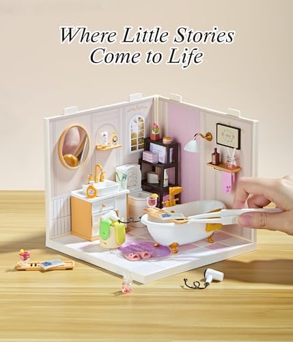 1:24 Scale Tiny House Bathroom DIY Miniature House Kit with Roof & LED Light, Realistic Miniature Kit with Bathtub, Sink & DIY Accessories, Cute Tiny Home Decor for Adults Teens - Image 5