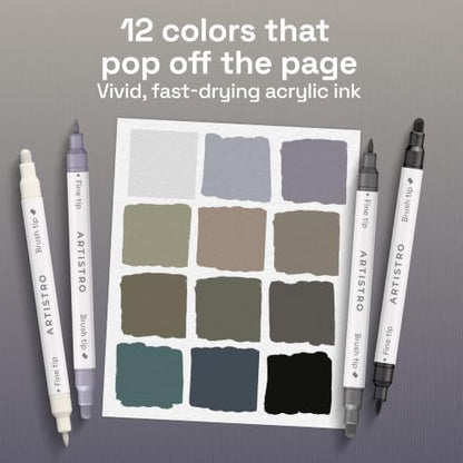ARTISTRO Grey Tones Dual-Tip Acrylic Paint Marker Pens - Set of 12 - Image 2