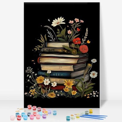 Framed Paint by Numbers Kit for Adults, Books & Wildflowers, 8 x 12 Inch by GEEHEIY
