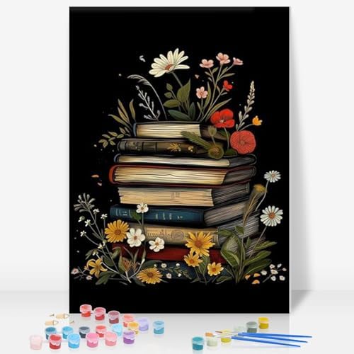Framed Paint by Numbers Kit for Adults, Books & Wildflowers, 8 x 12 Inch by GEEHEIY
