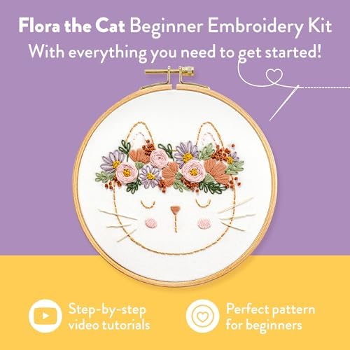 Clever Poppy Flora the Cat Beginner Embroidery Kit – Easy Embroidery Kit for Beginners with Hoop, Thread & Patterns – Hand Embroidery Kit for Adults and Teens – Complete Embroidery Starter Kit - Image 2