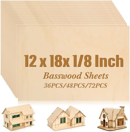 Riakrum Basswood Sheets Plywood Board Unfinished Wood Boards for Crafts for DIY Laser Projects Architectural Mini House Building Hobby Model Making(12 x 18 x 1/8 Inch,48) by Riakrum