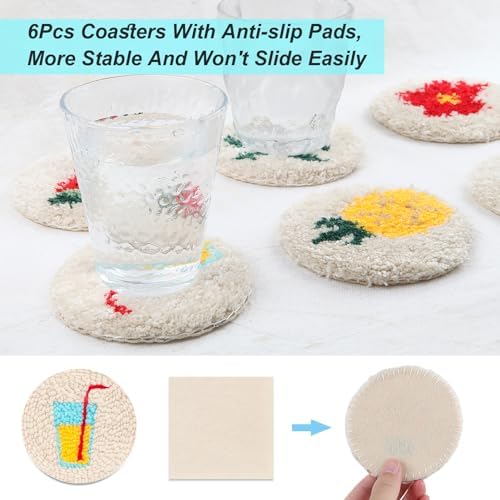 Sukhumvit 8PCS Punch Needle Coaster Kit, Beginners Adults Punch Needle Set with 8 Hawaiian Flamingos Tufted Patterns, Includes Yarn, Hoop&Pads, Starter Embroidery Kit DIY for Coaster & Home Decor - Image 3