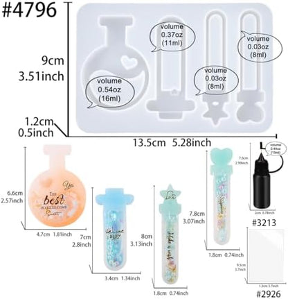 Resin Shaker Molds Set Magic Potions Keychain Charm Pack of 7 Silicone Trays Seal Films Precision Tip Applicator Bottle Kits Bundle - Image 2