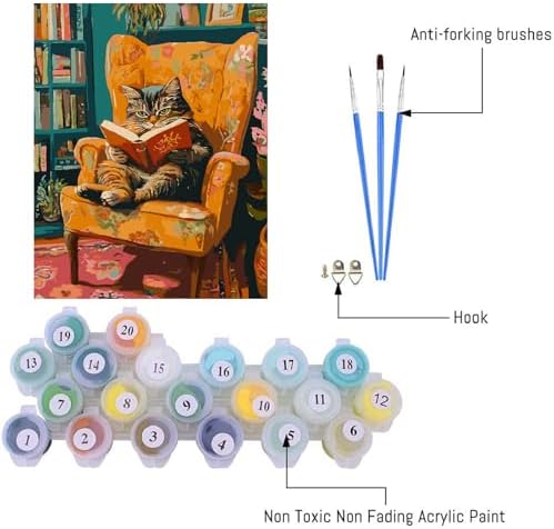 Canrichshop Reading Cat Paint by Numbers Kit for Adults,Painting by Numbers,DIY Acrylic Paint Kit for Adults Beginners Without Frame,Easy Adult Paint by Number Kits on Canvas for Decor 16x20inch - Image 6