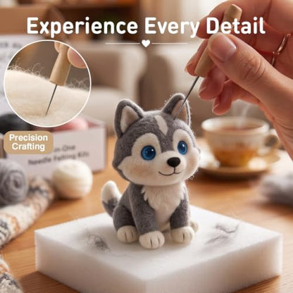 FACE N FACE DIY Needle Felting Kit Cute Husky Puppy – Needle Felting Starter Kit with Fiber Roving, Needles, Felting Pad & Instructions | Felted Animal Dog Kit for Beginners Adults | DIY Craft Gift - Image 4