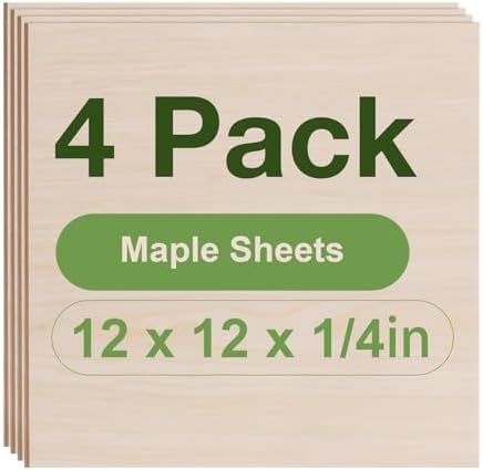 Rowood 4 Pack Maple Plywood 1/4,12x12x1/4inch,6mm Thick Unfinished Wood for Laser Cutting and Engraving,DIY Ornaments,Wood Burning,Models Drawing by RowoodAssembleArtDecorateLife