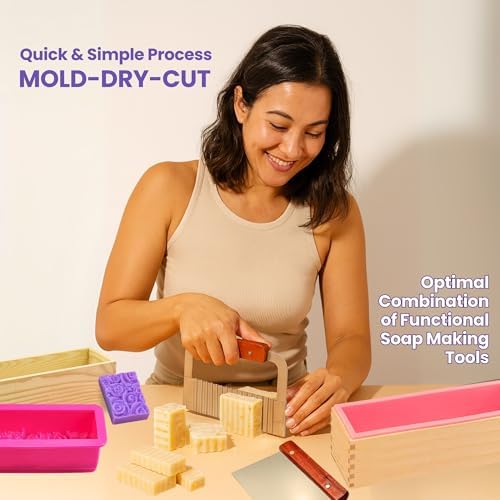 6 Pack Soap Making Silicone Loaf Molds with Wood Boxes & Cutters - 42oz Classic & Rose Loaf Molds, 2pcs Wood Mold Holders, Straight & Crinkle Slicer for Soap, DIY Soap Kit Supplies Accessories & Tools - Image 6
