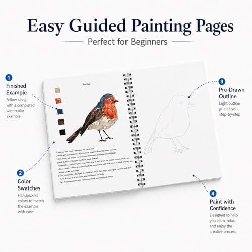 Teswarha Birds Watercolor Workbook With12 Sheets 300GSM Art Paper 16 Colors Watercolor Paint Set with 2 Watercolor Brushes Water Coloring Book Kit for Adults Teens 8.2 x 9.8in - Image 3