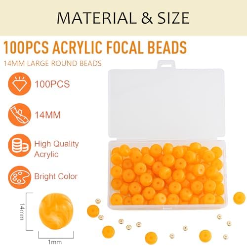 100Pcs 14mm Large Acrylic Beads for Jewelry Making, Chunky Marbled Round Focal Beads Bulk Set with Spacer Beads for DIY Bracelets Necklaces Keychains Bag Charms (Orange) - Image 3