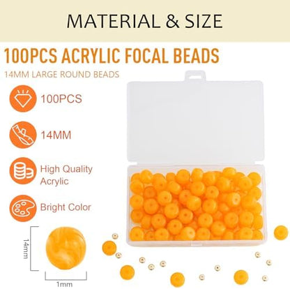 100Pcs 14mm Large Acrylic Beads for Jewelry Making, Chunky Marbled Round Focal Beads Bulk Set with Spacer Beads for DIY Bracelets Necklaces Keychains Bag Charms (Orange) - Image 3