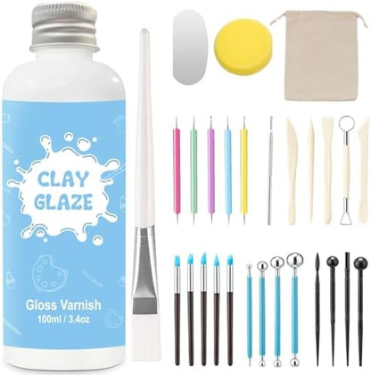 EIGTWEN 100ml Air Dry Clay Glaze and 29pcs Clay Tools Kit, Gloss Varnish by EIGTWEN