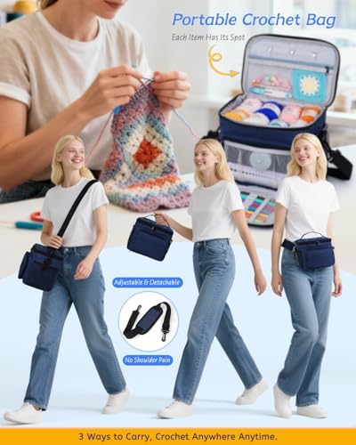 Aeelike 87PCS Crochet Beginner Kit for Adults,Portable Yarn Bag Kit,Navy - Image 2