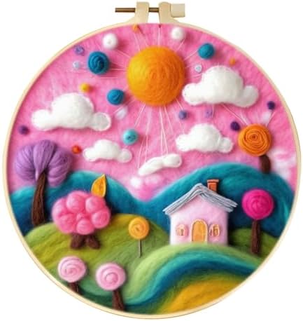 CaptainCrafts Needle Felting Kit, Wool Felt Supplies, Embroidery Hoops, Wool Painting Tools Needle Felting Starter Kit for DIY Decoration (Pink Romance Home) by CaptainCrafts