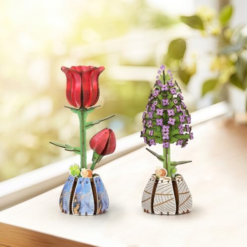 Jege 3D Flower Wooden Puzzles for Adults, DIY Building Set with 2 Flowers, 2 Perfume Bottles & Diffuser Sticks, Creative Craft Gifts & Home Decor (Rose + Lilac) by Unknown