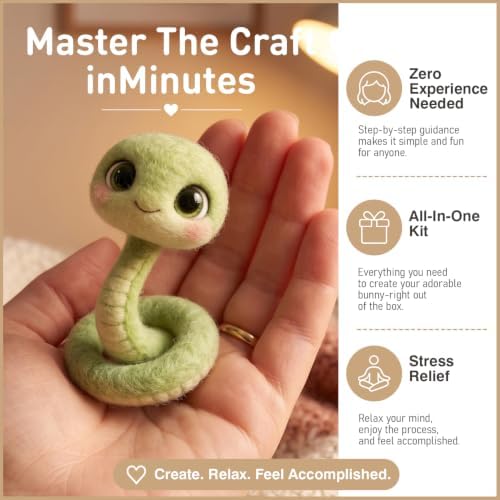 DIY Needle Felting Kit Cute Green Snake – Needle Felting Starter Kit with Fiber Roving, Needles, Felting Pad & Instructions | Felted Animal Kit for Beginners Adults | Unique DIY Craft Gift - Image 3