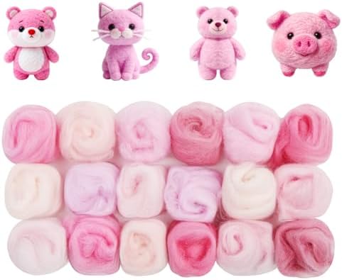 Ainiv 18 Pcs Needle Felting Wool, 9 Colors x 2 Packs Wool Roving, Pink by Ainiv