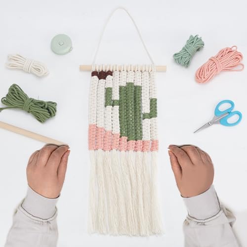 WEBEEDY Macrame Kit for Beginners DIY Macrame Wall Hanging Craft Set Boho Cactus Macrame Tapestry Wall Decor DIY Macrame Cord Kit with 61 Yard Cotton Cord, Wooden Stick and Other Supplies,20x60cm - Image 5
