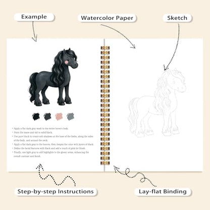 Easy Horses Watercolor Workbook for Adults Beginners, Water Coloring Painting Book with 12 Patterns, Travel Painting Pad, Art Gift for Horse Lovers Adults Teen - Image 4