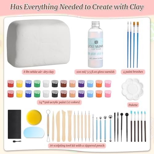 Natural Air-Dry Clay, 8 LBs Pottery Clay with 100ML Glaze Gloss Clay Varnish Protects and 27 PCS Pottery Tools Sculpting Tool Set, Air-Dry Clay Kit for Adults Beginner DIY Craft Gift - Image 3