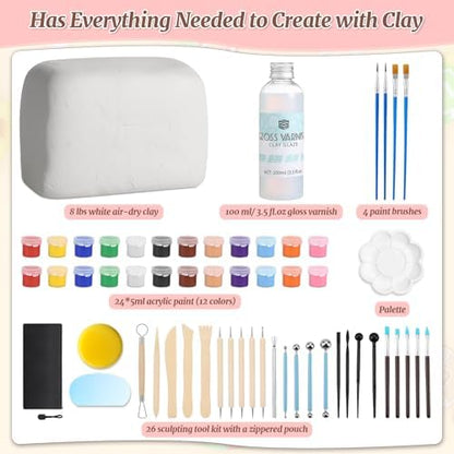 Natural Air-Dry Clay, 8 LBs Pottery Clay with 100ML Glaze Gloss Clay Varnish Protects and 27 PCS Pottery Tools Sculpting Tool Set, Air-Dry Clay Kit for Adults Beginner DIY Craft Gift - Image 3