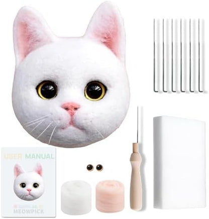 MeowPick Needle Felting Kit for Beginners, DIY Realistic Cat Head with Video Tutorials, Wool Felt Supplies for Adults, Gift for Cat Lovers (White) by MEOWPICK