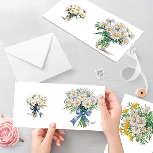 MVVMTOP 6pcs Diamond Art Painting Greeting Card, Bouquet DIY Daisy Diamond Art Greeting Card for Blessing and Wishe Special Shaped Diamond Arts Crafts for Birthday Thanksgiving Day - Image 6