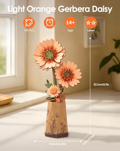 ROBOTIME 3D Puzzle Light Orange Gerbera Daisy TW111, DIY Wooden Flower Craft, Artificial Flowers Model Kit to Assemble for Adults, Home Decoration and Valentine's Day Toy Gift Set - Image 3