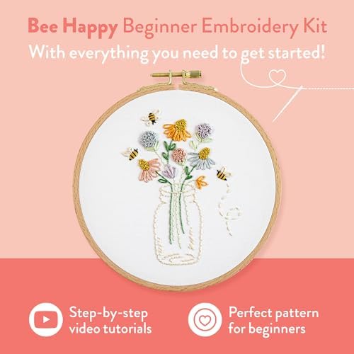Clever Poppy Bee Happy Beginner Embroidery Kit – Easy Embroidery Kit for Beginners with Hoop, Thread & Patterns – Hand Embroidery Kit for Adults and Teens – Complete Embroidery Starter Kit - Image 2