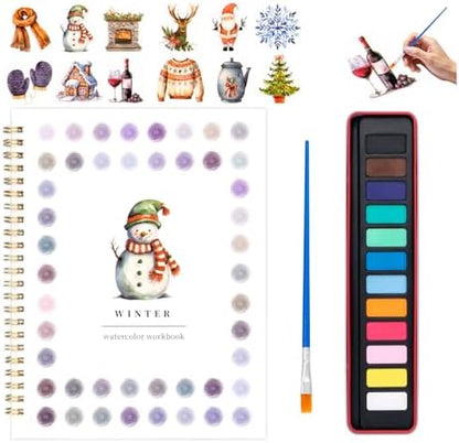 Christmas Watercolor Workbook for Adults, Beginner Friendly Watercolor Painting Kit Winter Water Coloring Book, Nature-Themed Practice Art Gift Water Color Paint Book with Palette and Brush by Kivzex