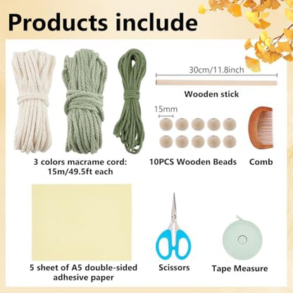 FREEBLOSS DIY Macrame Leaf Wall Hanging Kit Leaves Woven Tapestry Feather Wall Hanging Decor Beginners Macrame Kit for Adults Birthday Gift (Green&White) - Image 2