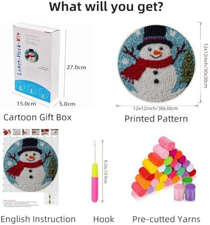 Latch Hook Rug Kit Cute Christmas Snowman with Winter Snow Easy for Beginners Round Shape Carpet Crochet Yarn Craft Mini Rug DIY Hook and Latch Little Tapestry for Home Decor 30x30cm-2 - Image 2