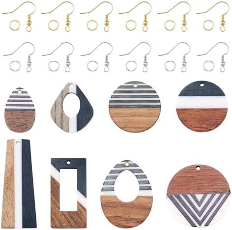 FASHEWELRY 16Pcs Resin Wooden Earring Pendants Vintage Stripe Teardrop Resin Walnut Wood Statement Pendants for Jewelry Making by FASHEWELRY