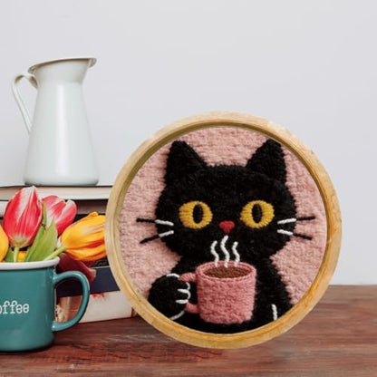 FREEBLOSS DIY Coffee Cat Punch Needle Kit for Beginners Embroidery Punch Needle Starter Craft Set with Instructions Frame Embroidery Kit for Adults Gift Decoration, 7.9"/20cm - Image 5