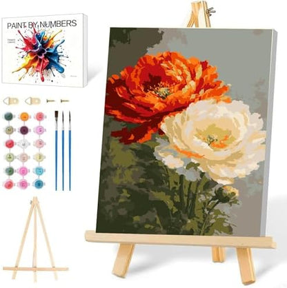 Mowana Flowers Paint by Numbers Kit for Adults Framed Canvas - with Wooden Easel, Adults' Paint-by-Number Kits Flower DIY Acrylic Oil Painting Kits Arts Crafts 7.8x11.8inch by Mowana