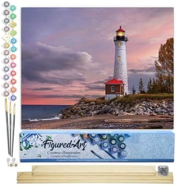 Figured'Art Paint by Numbers Kit for Adults Sea Lighthouse 16"x20" - Craft Art Painting Rolled Canvas with DIY Wooden Frame by FiguredArt