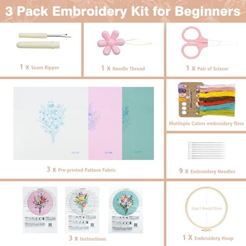 RidaaFri 3 Pack Embroidery Kit for Beginners, Flower DIY Adults Starter Kit - Image 3