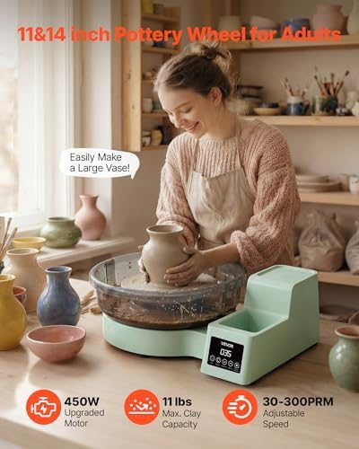 VEVOR Pottery Wheel for Adults, 14" and 11" Turntables, 450W Electric Table Top Pottery Wheel with Foot Pedal, 30-300 RPM Adjustable Speed, Detachable Basin, for Beginners, DIY Clay Art Craft, Green - Image 2