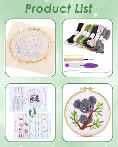 ERKOON Punch Needle Kit for Beginners Adults, DIY Easy Animal Embroidery Set for Starter Art Craft, Needling Punch Project with Patterns, Tools, Yarns, Hoop, Instruction (Koala) - Image 2